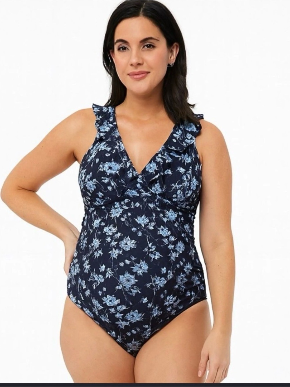 NWT A Pea in the Pod Maternity Blue Floral Ruffle One-Piece Swimsuit